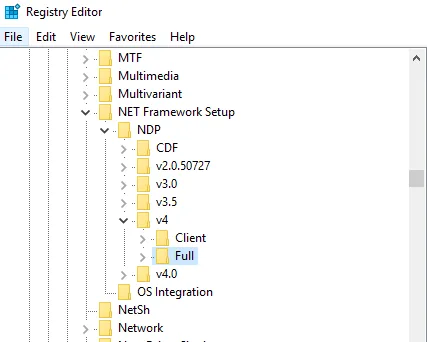 Registry Editor showing the installed Microsoft .NET Framework version.