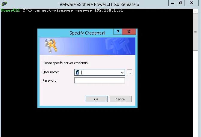 PowerCLI Connect-VIServer command prompting for vCenter Server credentials.