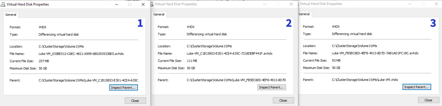 Hyper-V differencing disks showing the parent-child relationship between AVHDX checkpoint files and the base VHDX disk.