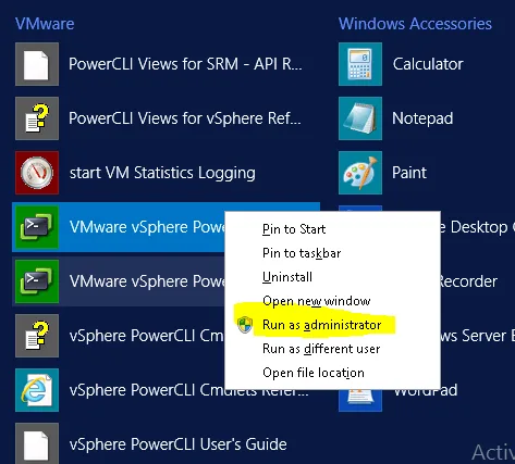 VMware vSphere PowerCLI launched with administrator privileges.