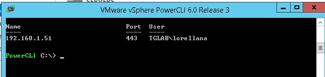 PowerCLI console showing a successful connection to a vCenter Server instance.