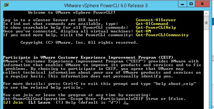 VMware vSphere PowerCLI first launch screen.