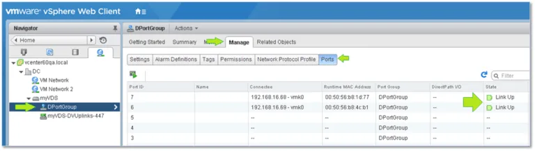 Ensuring that the VMkernels are port connected and running