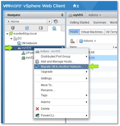 Running the “Migrate VM to another network” wizard to move VMs to the vDS