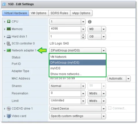 Changing the port group assignment from the properties of a VM