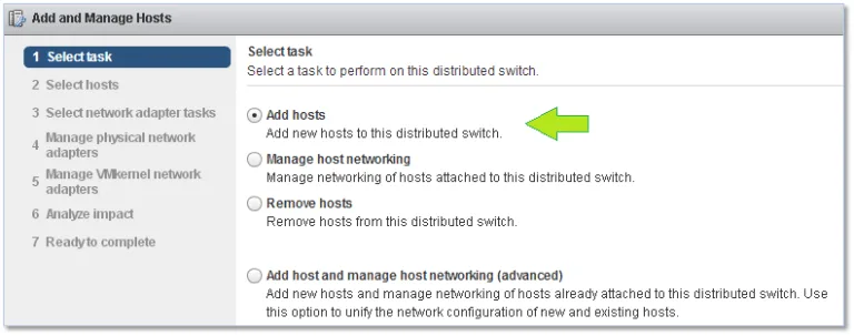 Selecting a task from the “Add and Manage hosts” wizard