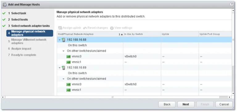 Selecting the physical NICs to bind to the vDS