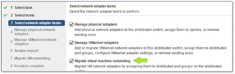 Enabling the “Migrate virtual machine networking” option when creating a vDS