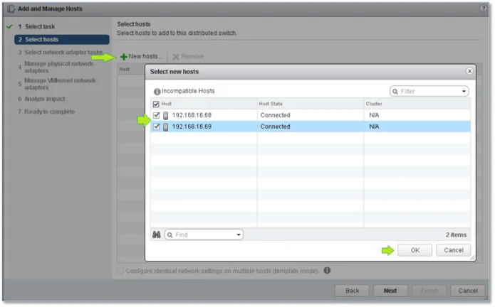 Selecting the hosts to connect to the vDS