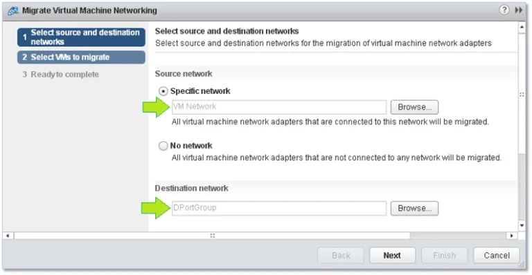 Setting the source and destination networks when migrating VMs