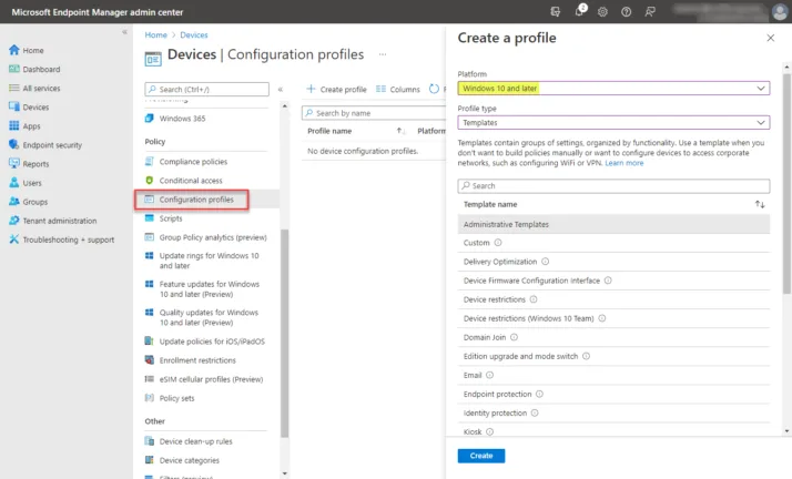 Beginning to create the configuration profile in Microsoft Endpoint Manager