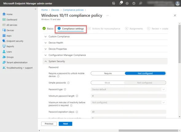 Configuring compliance settings in a new compliance policy
