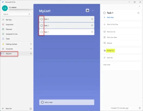 Creating a new list and tasks in Microsoft To Do
