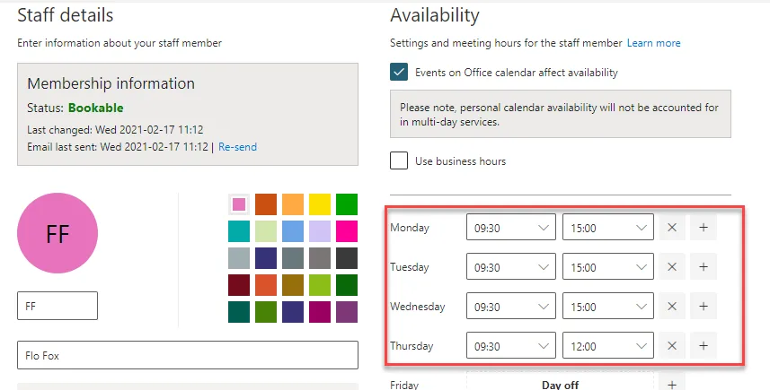 Define availability for a staff member