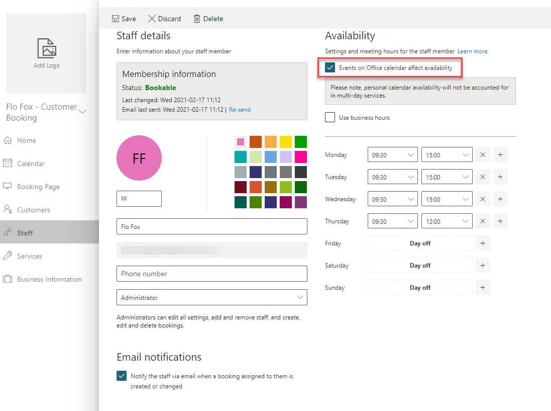 Defining staff settings in Bookings