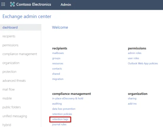Exchange Admin Center – Retention tags