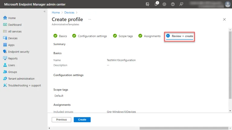 Finalizing the creation of a new configuration profile
