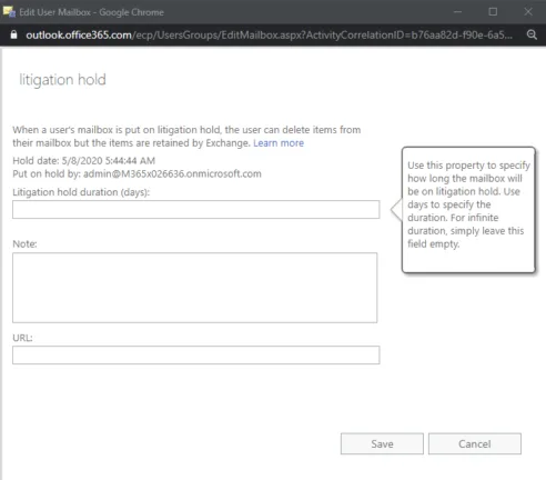 Litigation hold settings for a mailbox