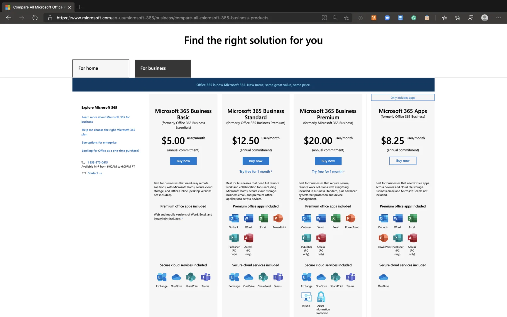 Microsoft 365 Product Comparison