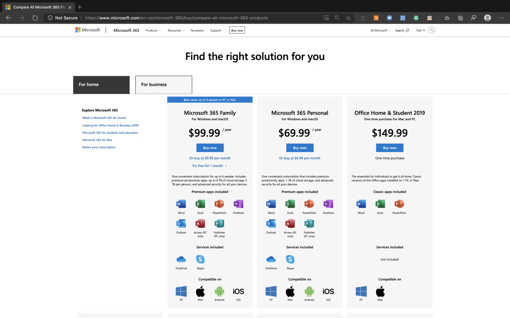 Microsoft 365 Product Comparison