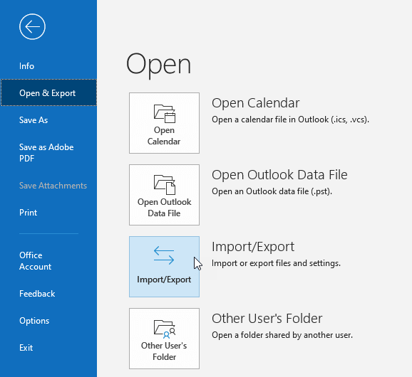 Outlook Menu Import Export