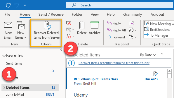 Recovering soft deleted mail in Outlook