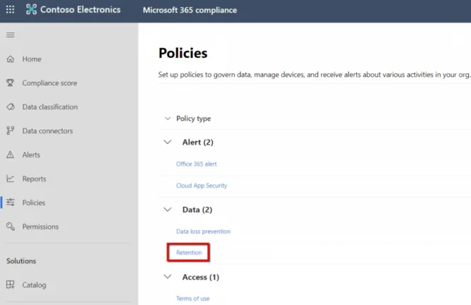 Retention policies link in the Compliance portal