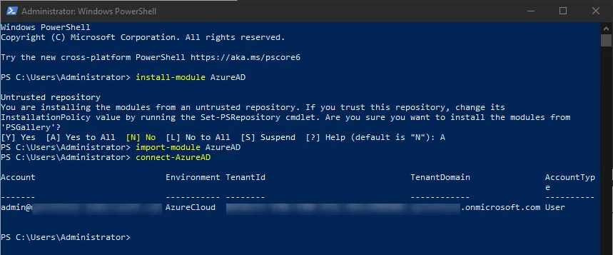 Successfully connected to the Azure AD environment
