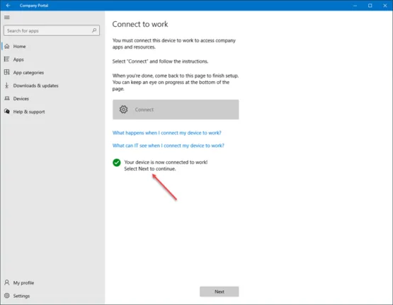 The device is now connected to your work account