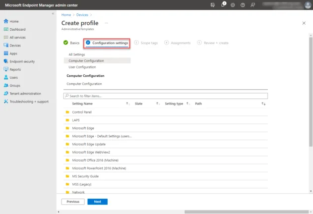 Updating the configuration settings for a configuration profile