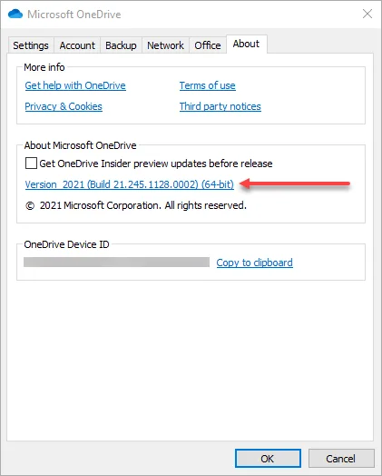 Viewing the version of OneDrive for Business under Help Settings About