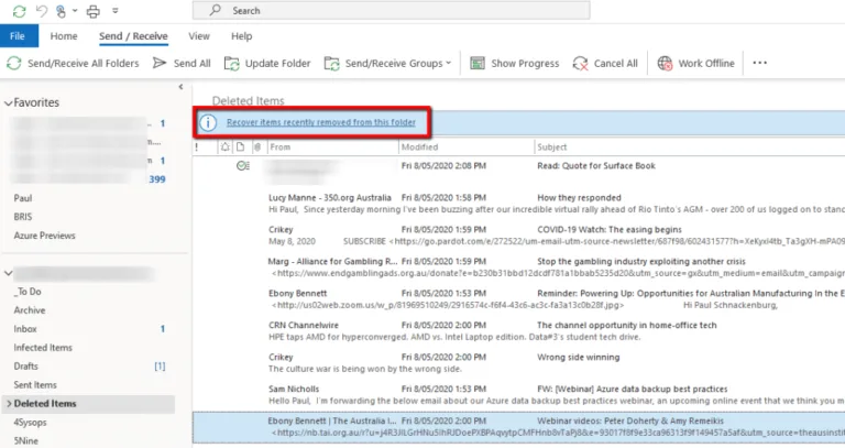 Where to find recoverable items in Outlook