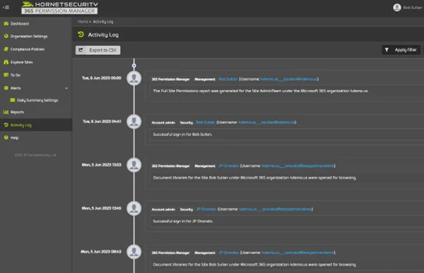 Acitivity log for 365 Permission Manager