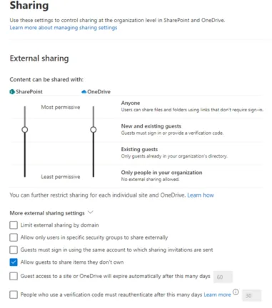 Built in document sharing options in M365