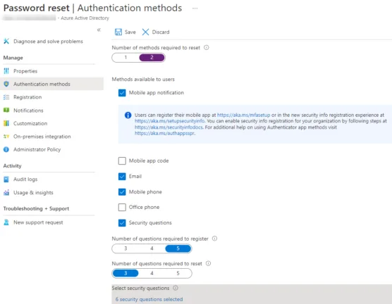 Configuring Self Service Password Reset in Azure AD