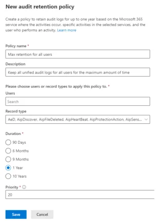 Create an audit retention policy for maximum retention