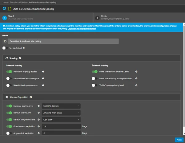 Creating a custom compliance policy for sharing