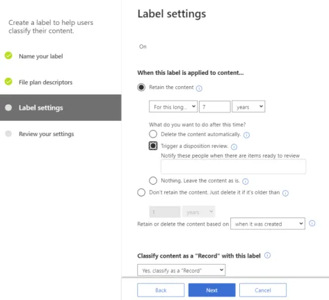 Creating a retention label with a disposition review