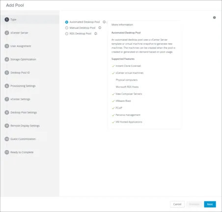 Creating an automated desktop pool in VMware Horizon