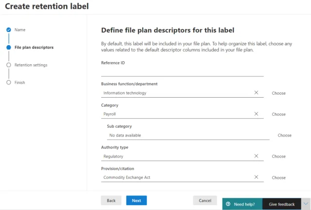 Defining file plan descriptors for a label