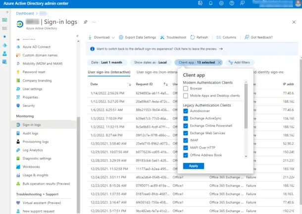 Filtering Azure AD Sign-in logs for legacy authentication