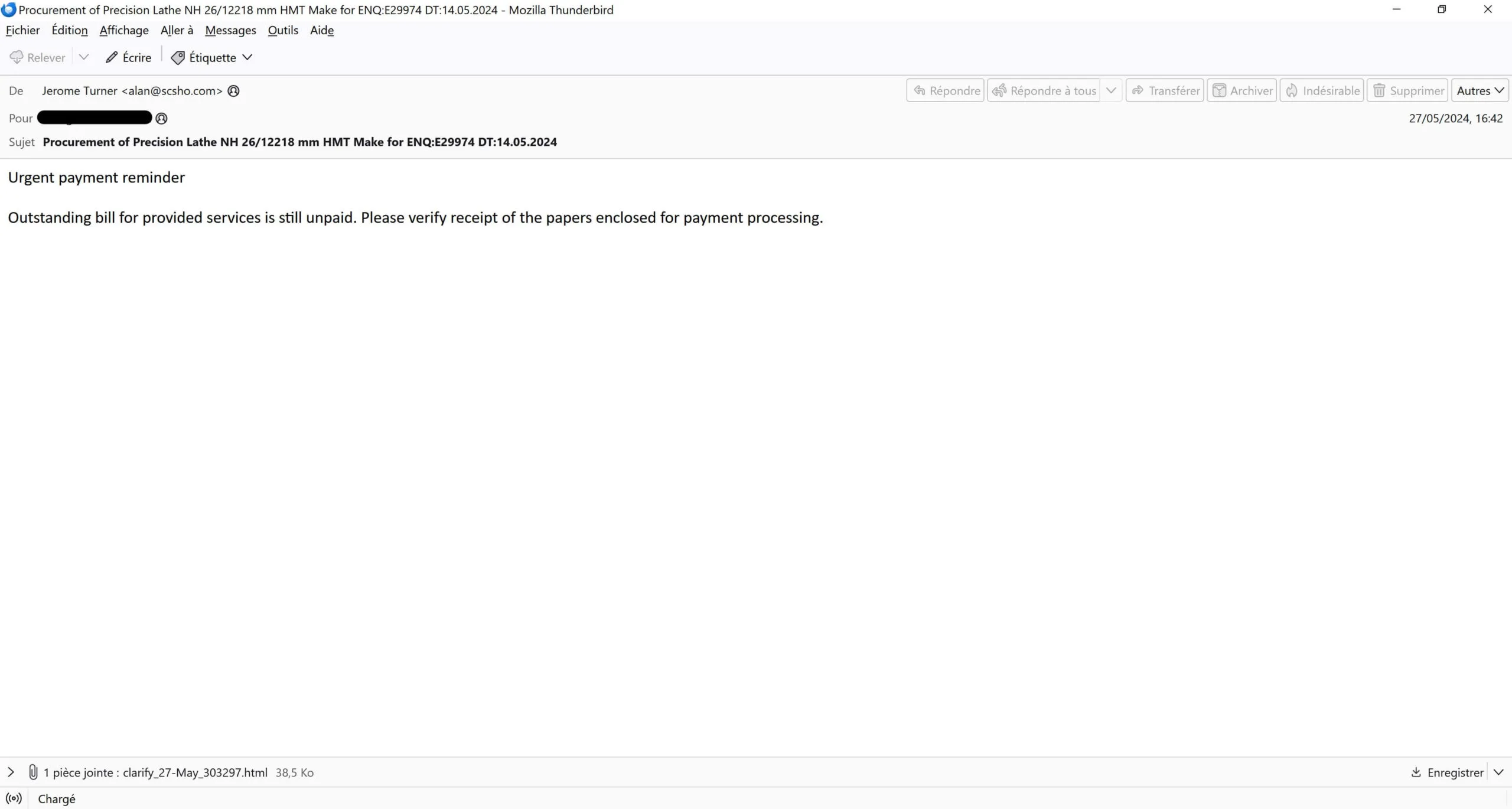 Phishing-E-Mail, die eine unbezahlte Rechnung vortäuscht