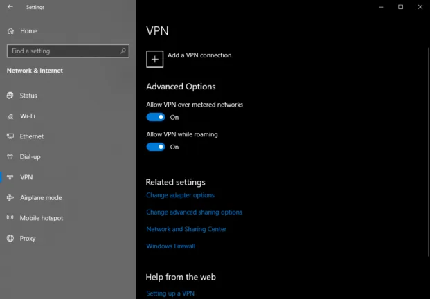 Windows 10 VPN settings