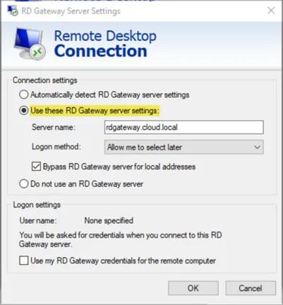 Configuring RDP to use a Remote Desktop Gateway to connect to an RDS environment