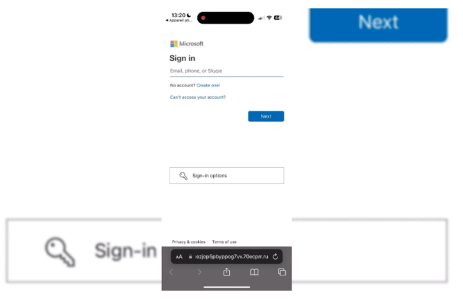 Destination M365 phishing page
