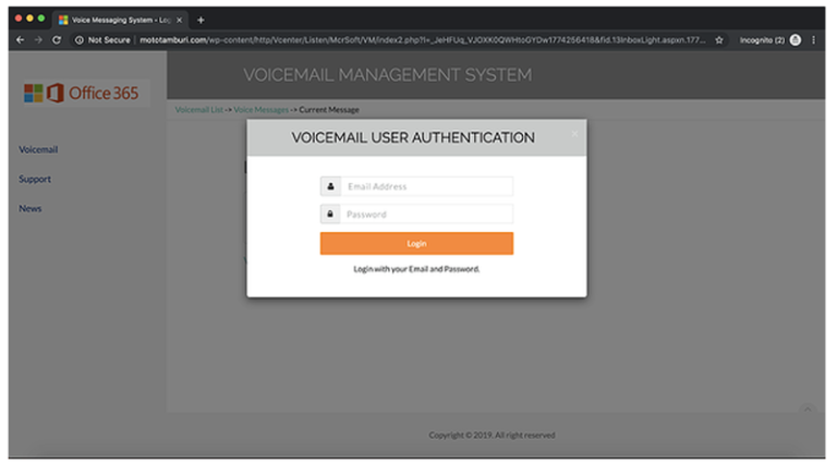 Exemple de fausse page de login M365 d’attaque par message vocal