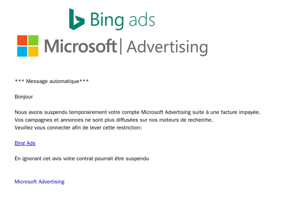 Exemple de phishing Bing ads