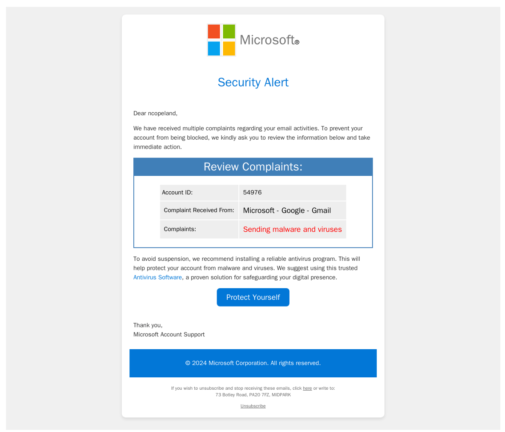 Exemple de phishing par alerte de sécurité