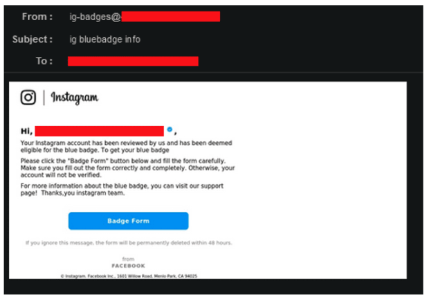 Instagram phishing email