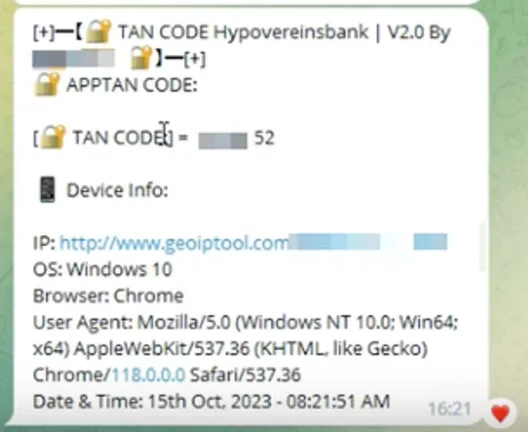 An example of a transmitted announcement from a Telegram group